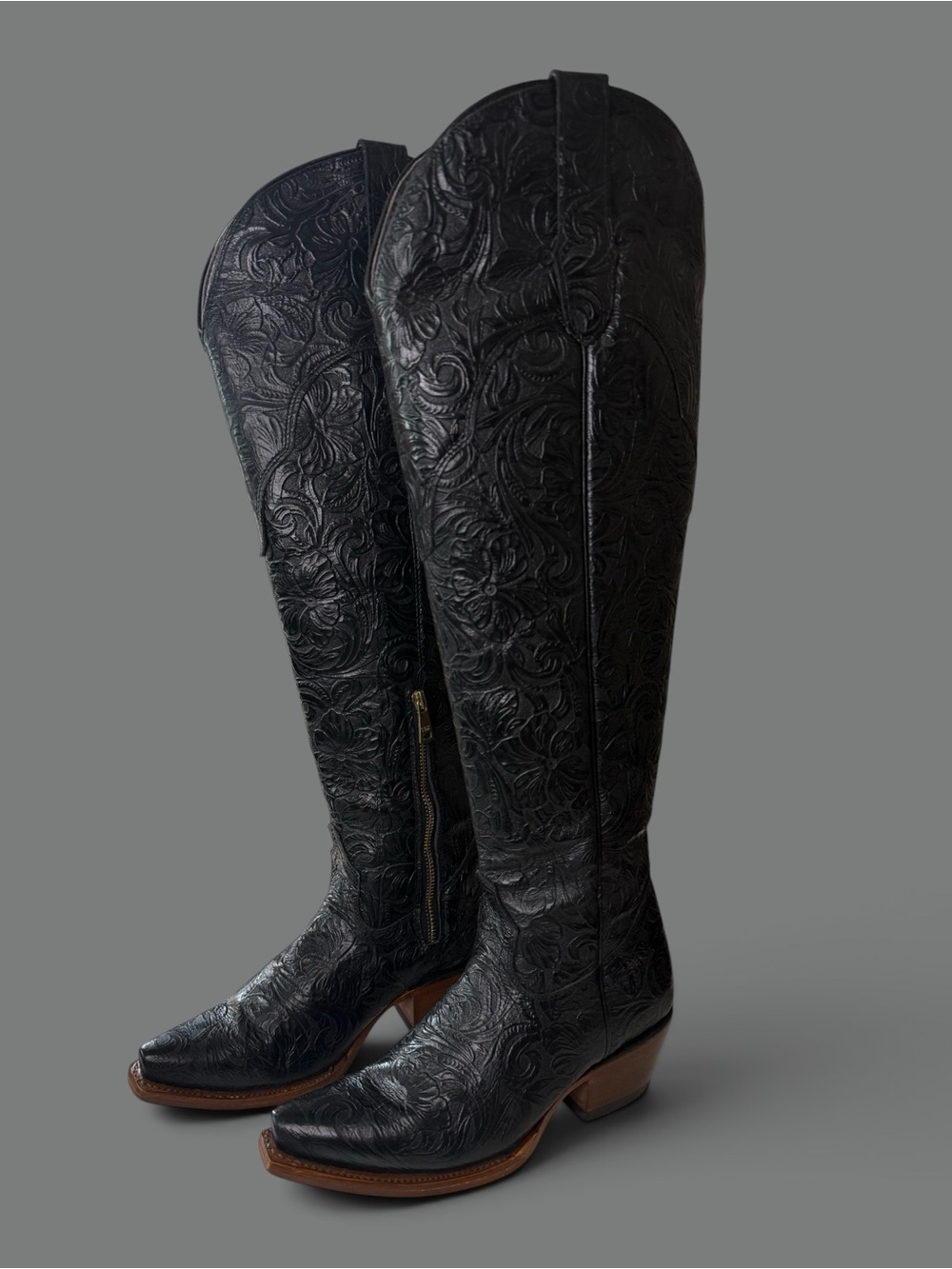 Women's Black Embossed Knee-High Western Boots